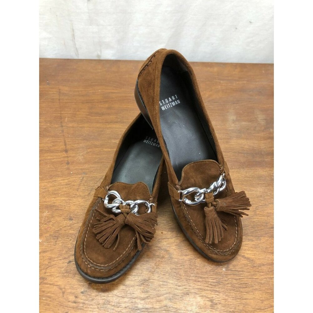Stuart Weitzman Brown Suede Tassel Loafers with Silver Chain